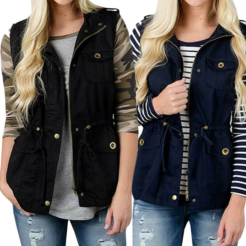Women'S Fashion Utility Jacket - Moda donna gilet Olive Cargo Utility